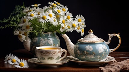 Healthy chamomile Hot tea in glass with teapot and flowers on wooden table