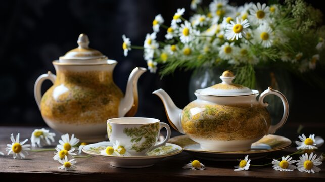 Healthy chamomile Hot tea in glass with teapot and flowers on wooden table