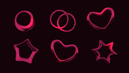 Realistic 3D red chrome shapes. Stickers heart, stars, circle. Aesthetic vector illustration