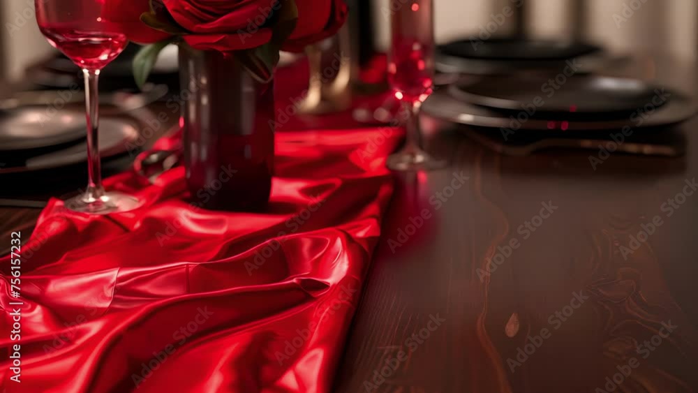 Poster a table runner made of red silk adding a pop of color and luxury to the table and completing the val