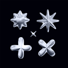 Obraz premium Set of 3D monochrome metal shape elements for Y2K style design on a black background. Monochrome metal surface.