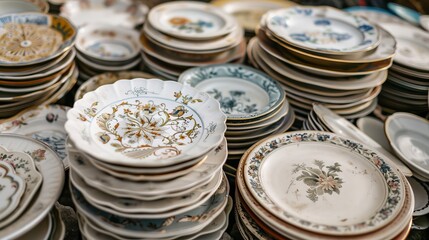 vintage dishes pile of old plates
