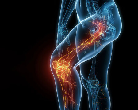 joint pain. blue transparent outline of a person's legs, red inflamed knee and hip joints. human anatomy.