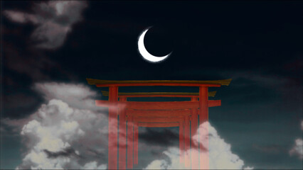 A crescent moon shines in the dark sky, illuminating clouds around a red Torii gate, creating a...