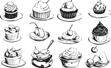 Black silhouettes Vector sketchy set sweet food on white background