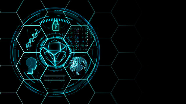 cube blockchain and  holographic futuristic digital technology with brain matrix graph global secity and dna with hexagon background