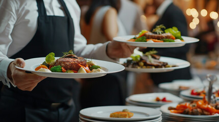 Waiter carrying plates with meat dish on some festive event