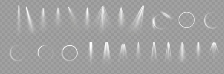 Light effect set. Glow isolated white transparent light effect set, lens flare, explosion, glitter, dust, line, sun flash, spark and stars, spotlight, curve twirl. Sunlight