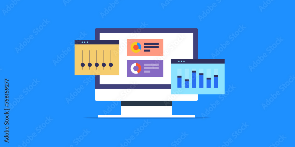 Poster data analytics business financial report on computer dashboard screen, intelligent software displays