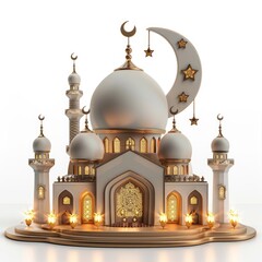 3d isometric mosque sunset sky moon holy night Islamic night and silhouette mosque Islamic wallpaper