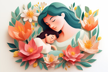 3D Vector flat illustration of flowers, mom and baby for mother's day