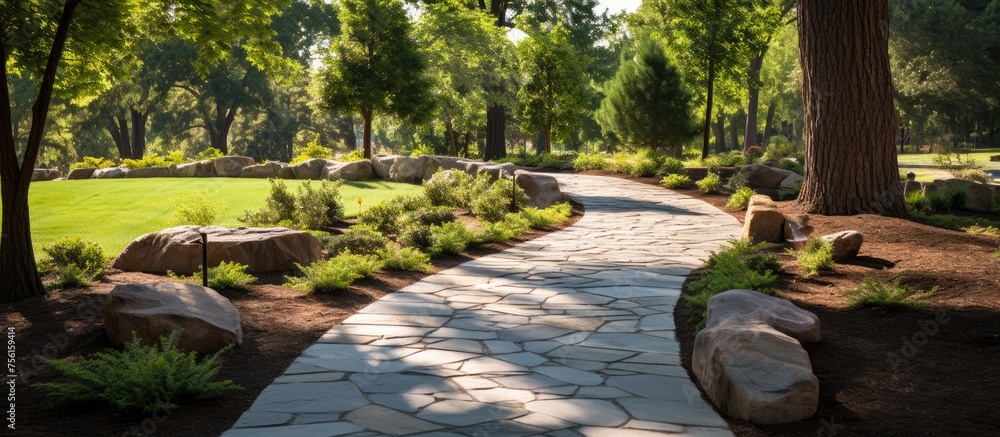 Sticker A natural stone walkway winds through a park, lined with trees and rocks, creating a serene and scenic landscape