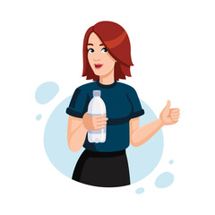 Young redheaded woman holds bottle of water. Female sporty character with water bottle showing thumbs up. Drink more water concept. Flat vector illustration.