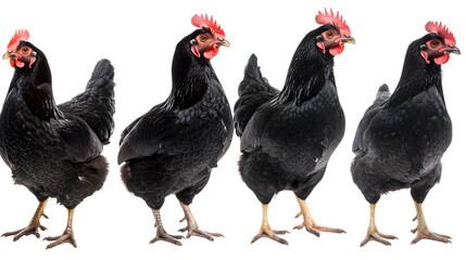 Black chicken collection (profile, portrait, standing), animal bundle isolated on a white background as transparent PNG - obrazy, fototapety, plakaty