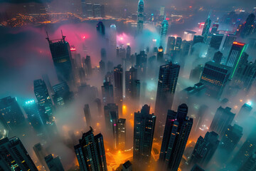 A mesmerizing cityscape at night, with towering skyscrapers