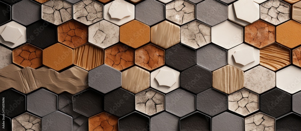 Poster a close up of a brown brick wall constructed with hexagonal tiles, creating a unique pattern with a 