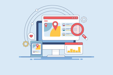 Online small business analytics, local SEO data with customer rating. Find business near me conceptual digital marketing technology filled outline vector illustration.