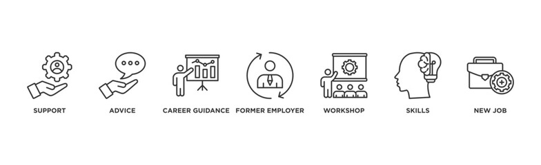 Outplacement banner web icon illustration concept with icon of support, advice, career guidance, former employer, workshop, skills, new job, training, and presentation