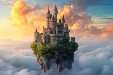 Fantasy landscape with castle in the clouds.