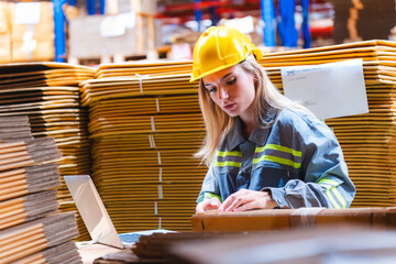 Professional worker in safety uniform hard hat, supervisor inspector packaging stock order at...