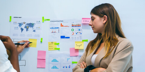 Group of marketing professionals having a meeting. Creative business team brainstorming with sticky notes. Happy business people putting their ideas together as they plan a project.