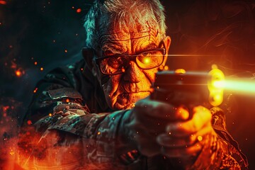 senior oldman futurisric soldier with laser