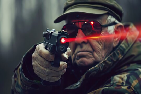 senior oldman futurisric soldier with laser gun