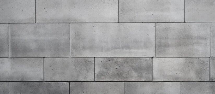 Fototapeta A closeup photo of a rectangular grey brick wall showcasing composite material, tints and shades, symmetry, and pattern. It is a monochrome photography emphasizing monochrome building material