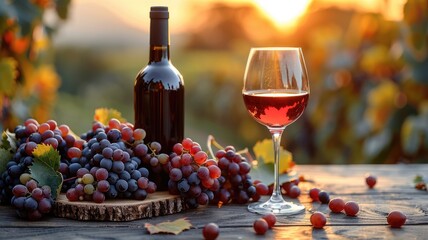 Bottle of red wine and glass with ripe grapes on wooden table in vineyard - obrazy, fototapety, plakaty