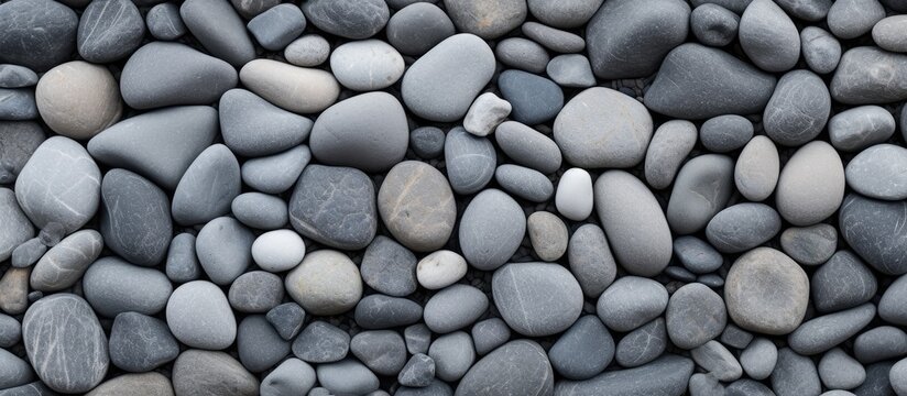 A natural material, cobblestone flooring pattern made of rocks, gravel, and pebbles stacked to resemble a stone wall on a beach