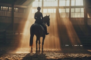 cinematic shot young man riding horse - obrazy, fototapety, plakaty
