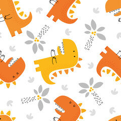 Seamless children's doodle pattern with dinosaurs.Digital paper