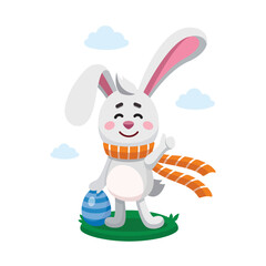 Easter rabbit, bunny, hare shows Thumb Up Sign. Vector digital illustration. Flat design. Cartoon style. Easter character, mascot. Egg hunt concept