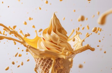 butterscotch ice cream cone with chocolate milk splash