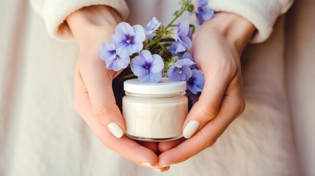 A cosmetic background with hands holding cream and fragile delicate flowers. Moisturizing face cream in a jar and blooming flowers, cosmetics for skin care.