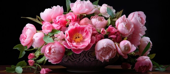 Fototapeta na wymiar Pink peony roses arrangement in a vase.