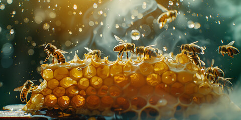 Macro view of honeycomb with bees diligently making sweet honey. - obrazy, fototapety, plakaty