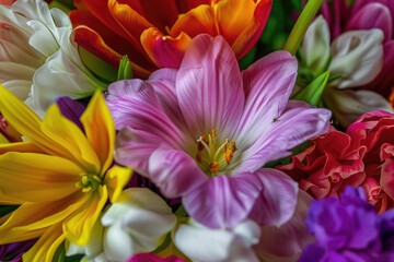 A burst of colorful spring flowers revealing intricate details and patterns