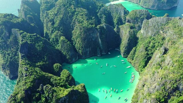 Aerial view of Phi Phi Lay Island.Ad blue-green sea.Phi Phi Islands, Krabi, Thailand