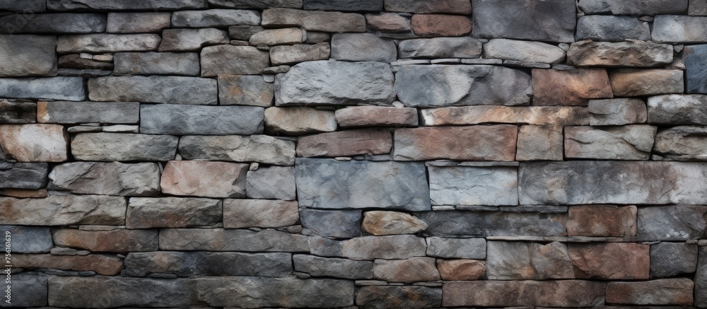Poster a detailed closeup of a stone wall showcasing the intricacy of the brickwork. the rectangular bricks