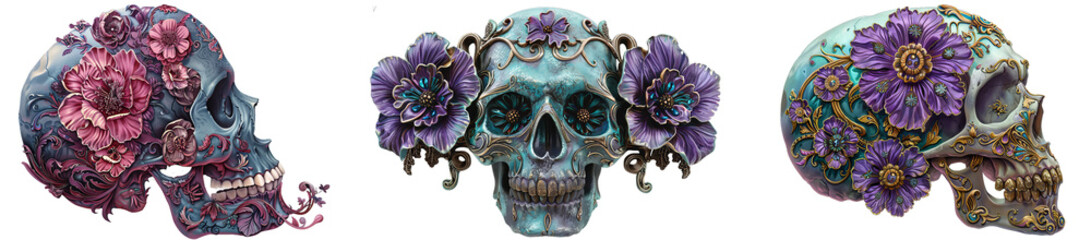 Set of 3  ornamental skull, covered with purple  flowers. . Day of The Dead art decoration. Isolated on a transparent  background.