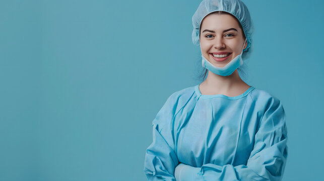 A happy and confidence female surgeon wearing blue scrub suits is smiling and posing for a picture on plain blue background. A white medical professional is wearing a mask and gloves.