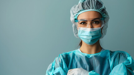 A happy and confidence female surgeon wearing blue scrub suits is posing on plain background. A Latino medical professional is wearing a protective glasses, mask and gloves. - obrazy, fototapety, plakaty