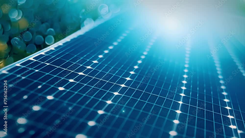Poster a closeup of a solar panel in action as the cells sparkle and crackle with energy under the intense 