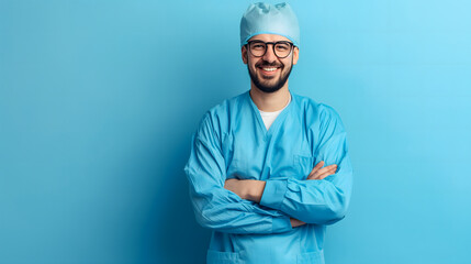 A happy and confidence male surgeon wearing blue scrub suits is smiling and posing for a picture on plain blue background. A white medical professional is wearing a mask.