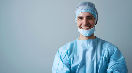 A happy and confidence male surgeon wearing blue scrub suits is smiling and posing for a picture on plain gray background. A white medical professional is wearing a mask.