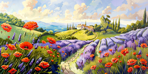 Idyllic landscape with  flowers, Oil paintig banner, panorama