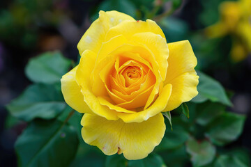 A yellow rose in full bloom, with soft petals and vibrant color