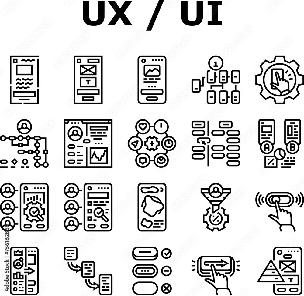 Poster ui ux design agency user develop icons set vector. phone button, marketing website, web app, mobile 