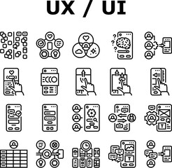 ui ux digital develop code app icons set vector. shop marketing, mobile agency, tool api, website computer, mockup commerce, workflow ui ux digital develop code app black contour illustrations